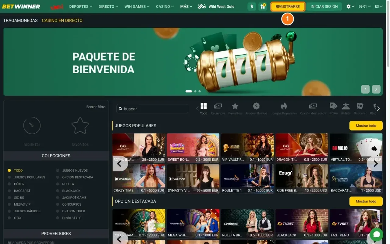 Portada de BetWinner con el botón amarillo «REGISTRARSE» destacado en la barra superior