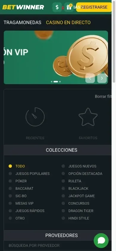 Portada de BetWinner con el botón amarillo «REGISTRARSE» destacado en la barra superior (vista móvil)
