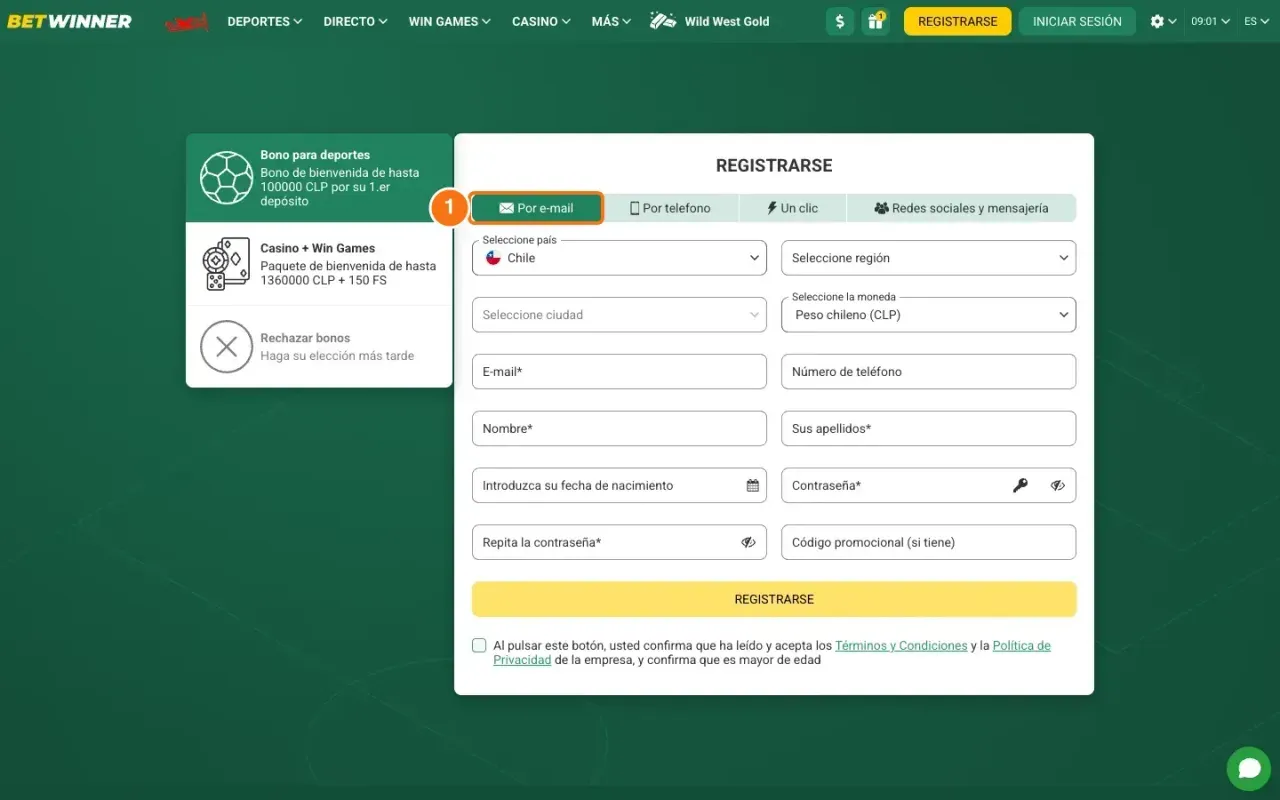 Formulario de registro de BetWinner con la pestaña «Por e-mail» destacada y el selector de bono a la izquierda