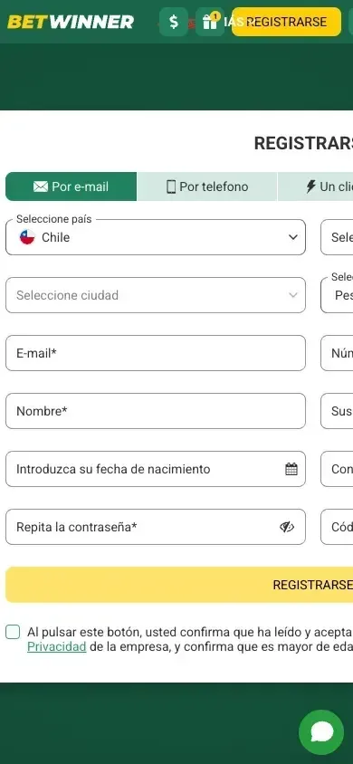 Formulario de registro de BetWinner con la pestaña «Por e-mail» destacada y el selector de bono a la izquierda (vista móvil)