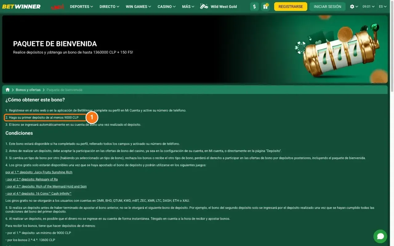 Condiciones del paquete de bienvenida de BetWinner con el depósito mínimo de 9000 CLP destacado