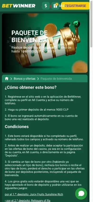 Condiciones del paquete de bienvenida de BetWinner con el depósito mínimo de 9000 CLP destacado (vista móvil)