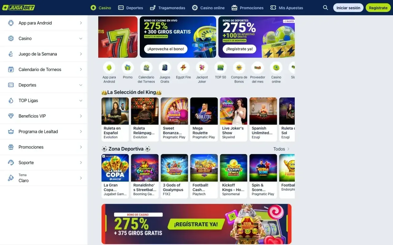 Portada del casino de JugaBet con las secciones Casino, Deportes y Promociones en la barra superior