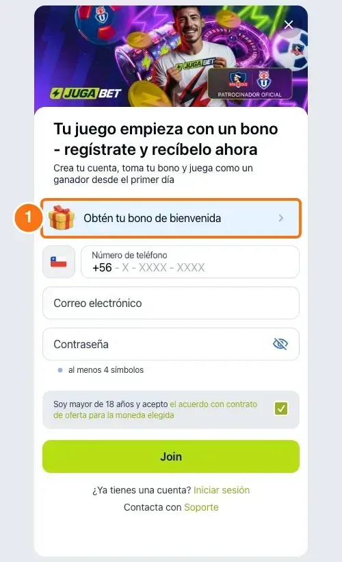 Formulario de registro de JugaBet con el selector de bono de bienvenida resaltado