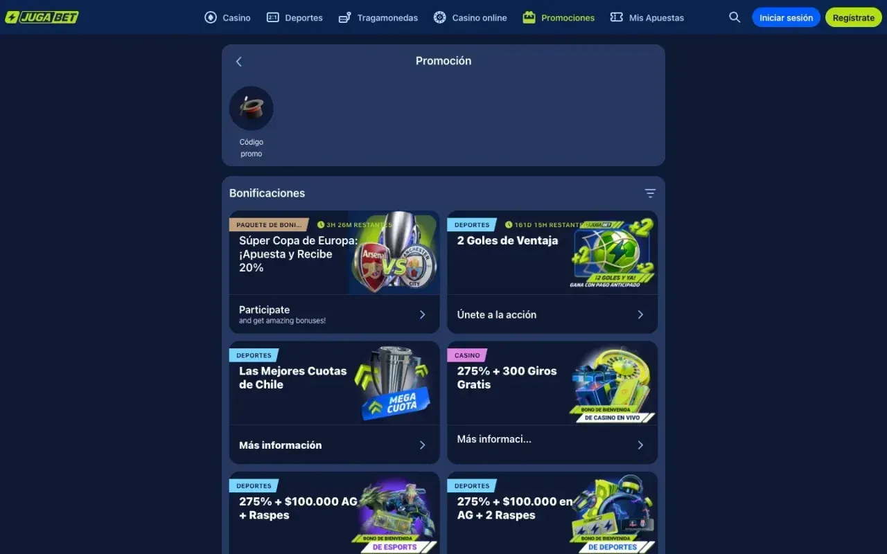 Página de promociones de JugaBet con el paquete de bienvenida del 275 por ciento