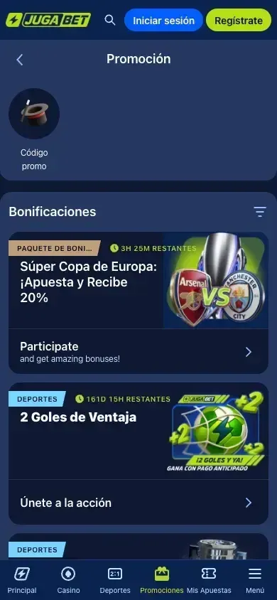 Promociones de JugaBet vistas en el celular, con las tarjetas de bono de casino y deportes