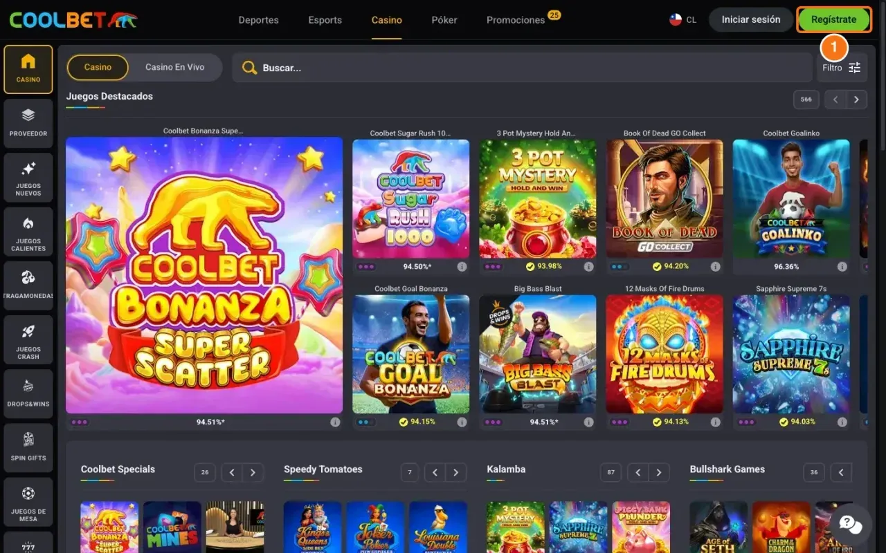 Portada de Coolbet Chile con el botón verde «Regístrate» destacado arriba a la derecha