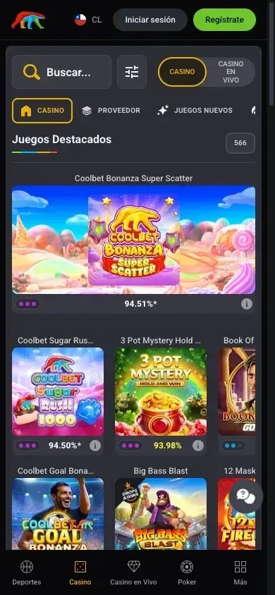 Portada de Coolbet Chile con el botón verde «Regístrate» destacado arriba a la derecha (vista móvil)