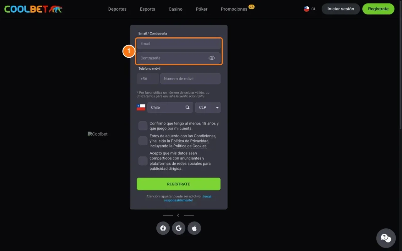 Formulario de registro de Coolbet con los campos de email y contraseña destacados
