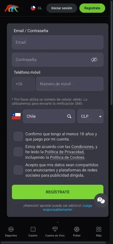 Formulario de registro de Coolbet con los campos de email y contraseña destacados (vista móvil)