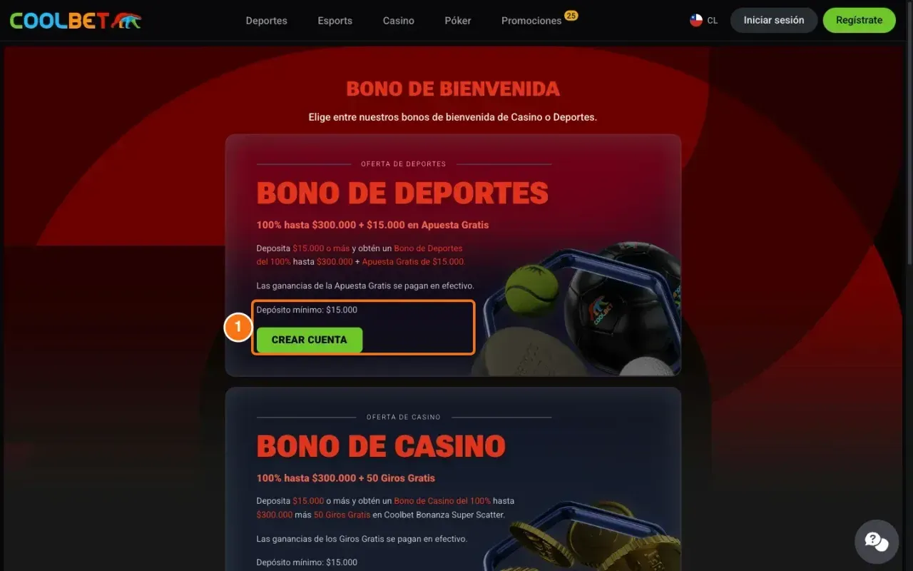 Página de bonos de Coolbet mostrando el depósito mínimo de $15.000 y el botón Crear cuenta