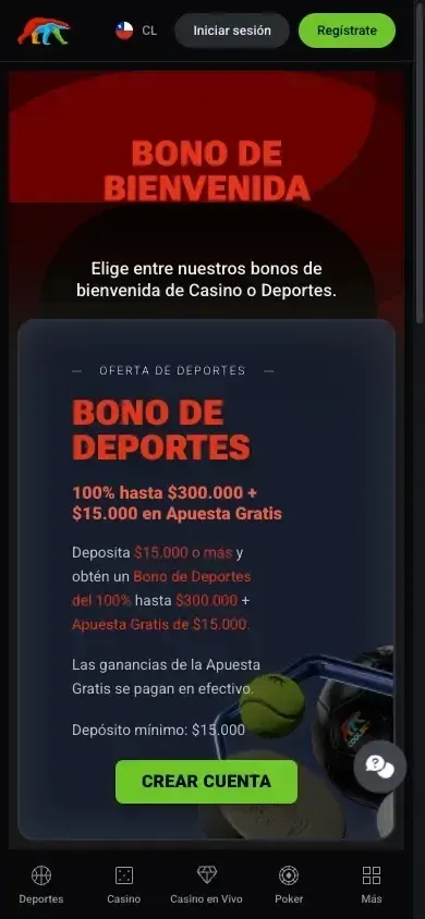 Página de bonos de Coolbet mostrando el depósito mínimo de $15.000 y el botón Crear cuenta (vista móvil)