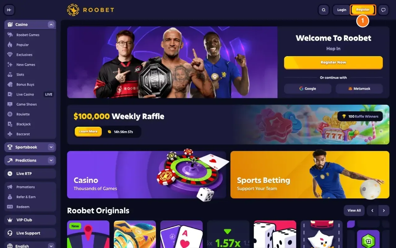 Portada de Roobet con el botón amarillo «Register» destacado arriba a la derecha