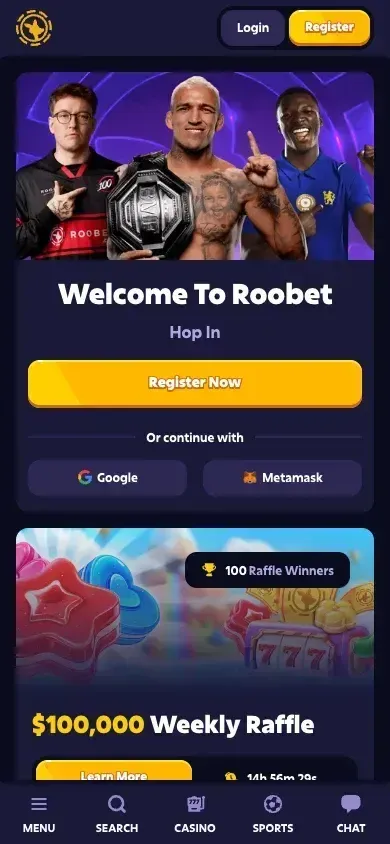 Portada de Roobet con el botón amarillo «Register» destacado arriba a la derecha (vista móvil)