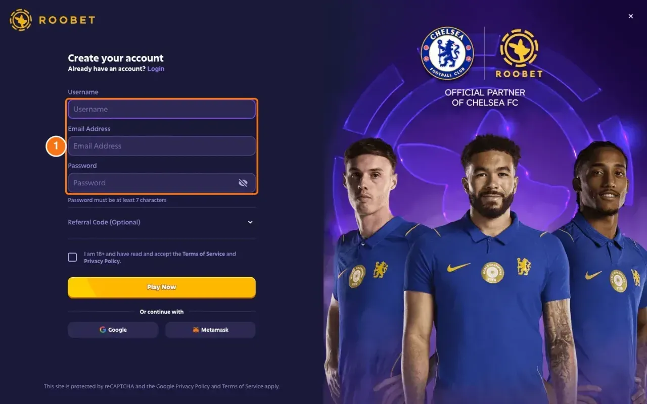 Formulario «Create your account» de Roobet con los campos de usuario, correo y contraseña destacados