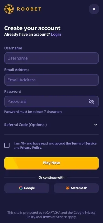 Formulario «Create your account» de Roobet con los campos de usuario, correo y contraseña destacados (vista móvil)