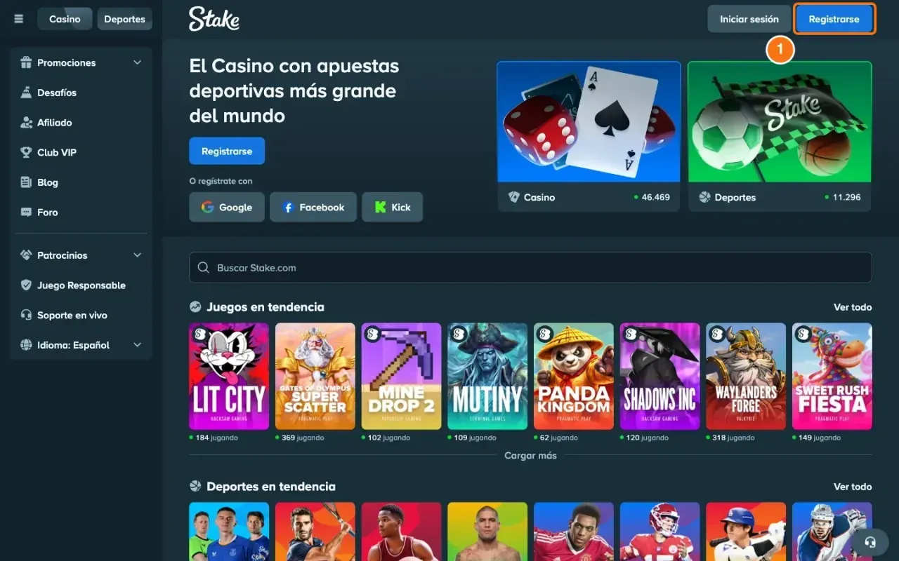 Página de inicio de Stake en escritorio con el botón Registrarse destacado