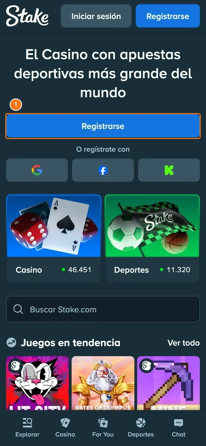 Pantalla de inicio de Stake en el celular con el botón Registrarse destacado