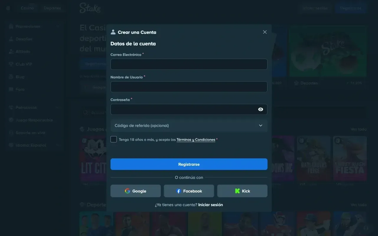 Formulario de registro «Crear una Cuenta» de Stake en escritorio