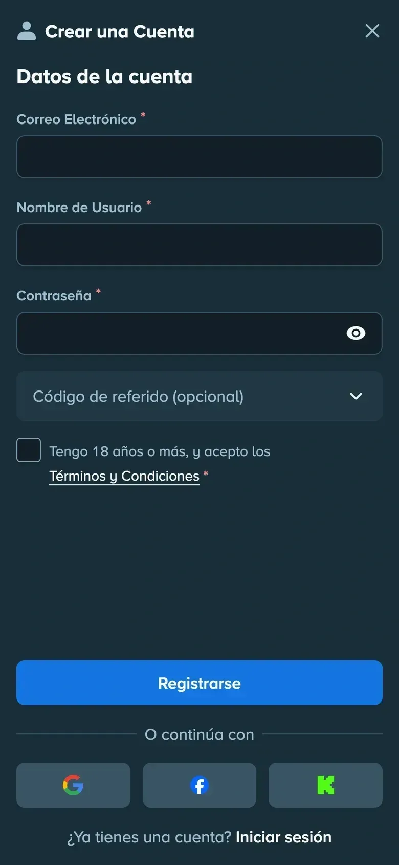 Formulario de registro «Crear una Cuenta» de Stake en el celular