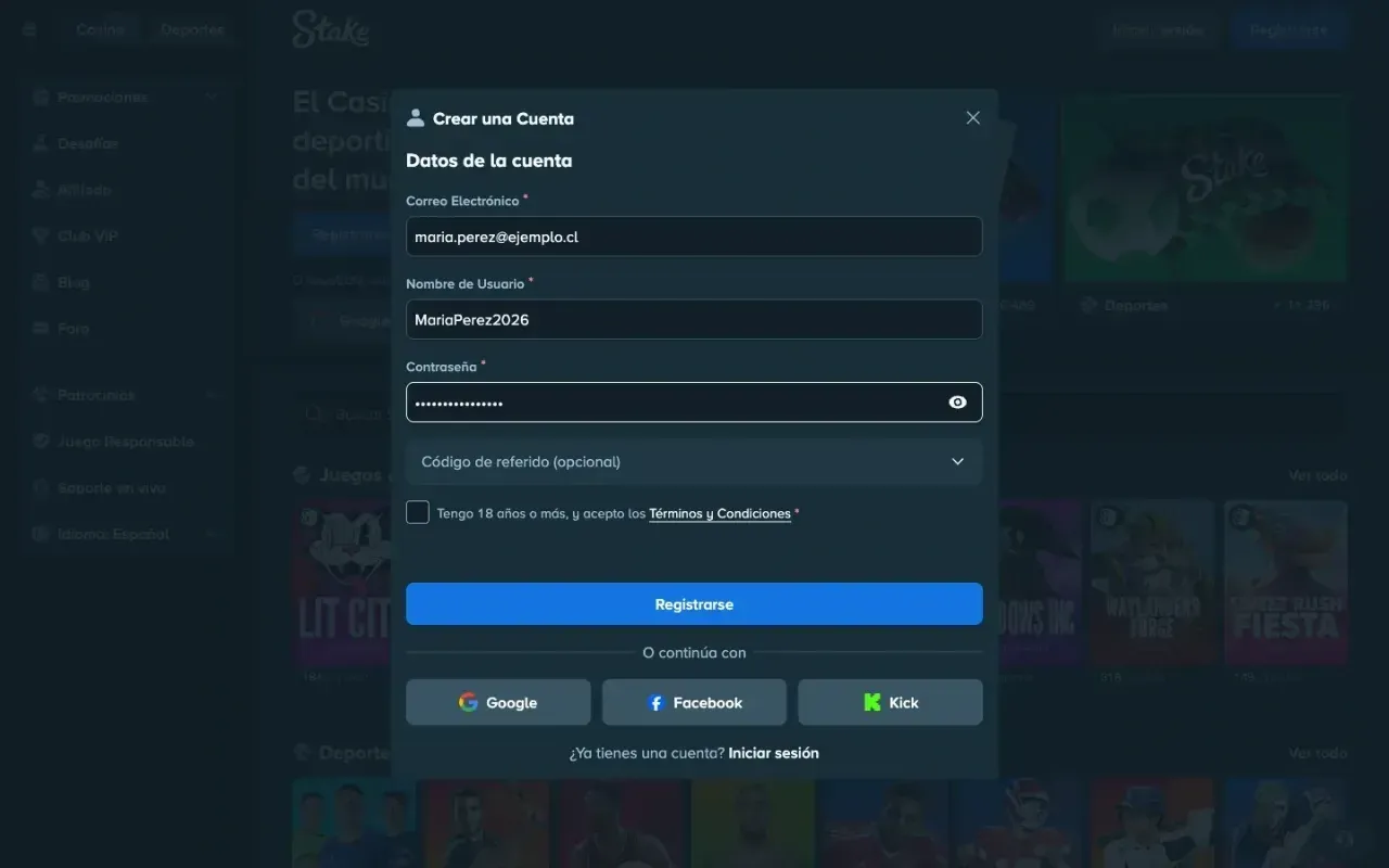 Formulario de registro de Stake completado con datos de ejemplo en escritorio