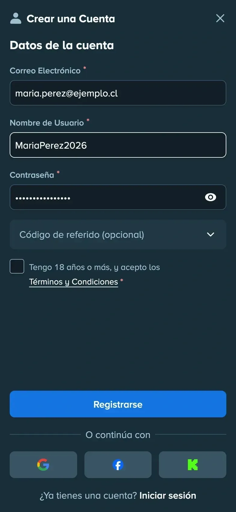 Formulario de registro de Stake completado con datos de ejemplo en el celular