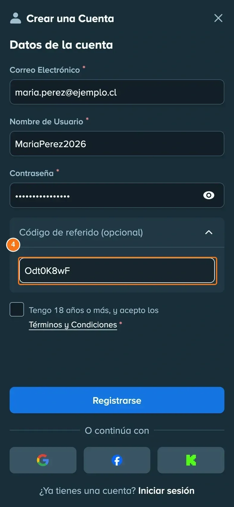 Campo «Código de referido» del registro de Stake con el código Odt0K8wF en el celular